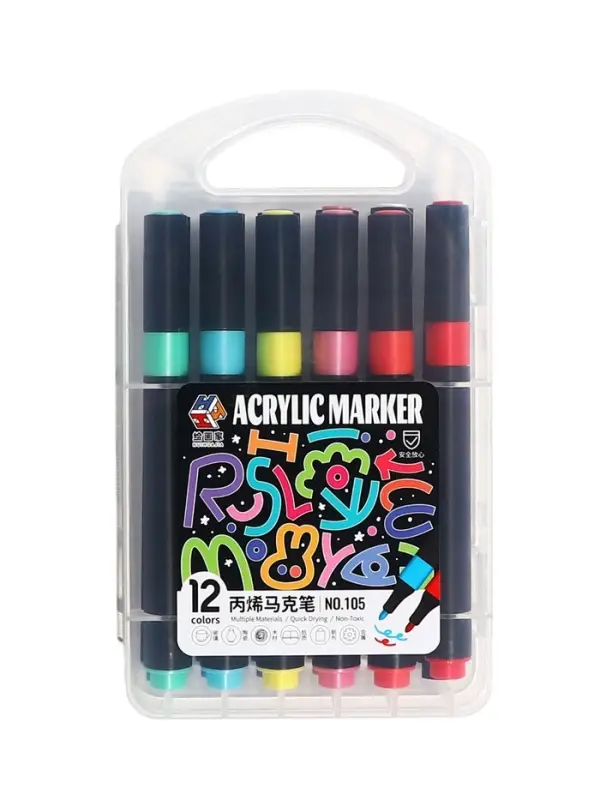 Набор акриловых маркеров 12 цветов, для рисования, в пластиковом пенале