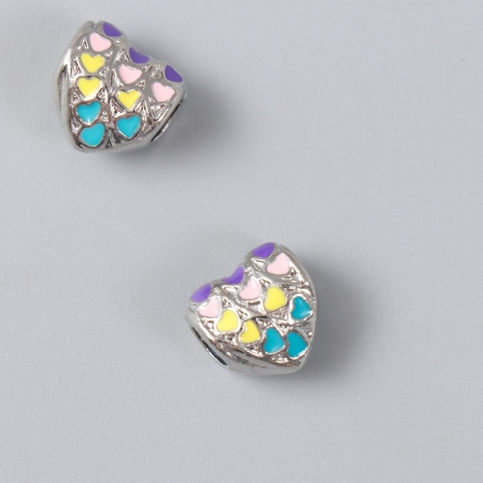 Бусина для творчества металл Бусина для творчества металл "Сердце с сердечками" серебро, эмаль 1.1 см