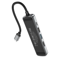 Адаптер Hoco HB23, HDMI/USB3.0/USB2.0/RJ45/PD, 60 ВТ, 3 А, длина кабеля 13.5 см, серый