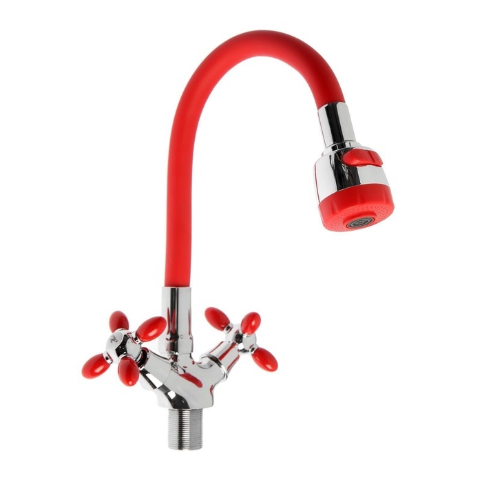 Смеситель для кухни ZEIN ZC2026, гибкий силикон излив, кран-букса латунь 1/2 Смеситель для кухни ZEIN ZC2026, гибкий силикон излив, кран-букса латунь 1/2", красный/хром