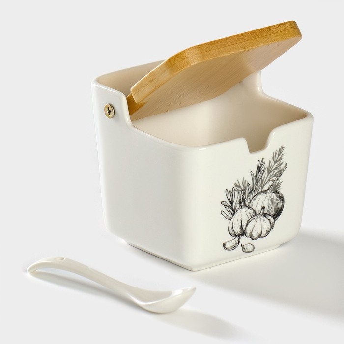 Банка для хранения сыпучих продуктов с ложкой &laquo;Эстет. Овощи&raquo;, 250 мл, с бамбуковой крышкой, фарфоровая, цвет белый