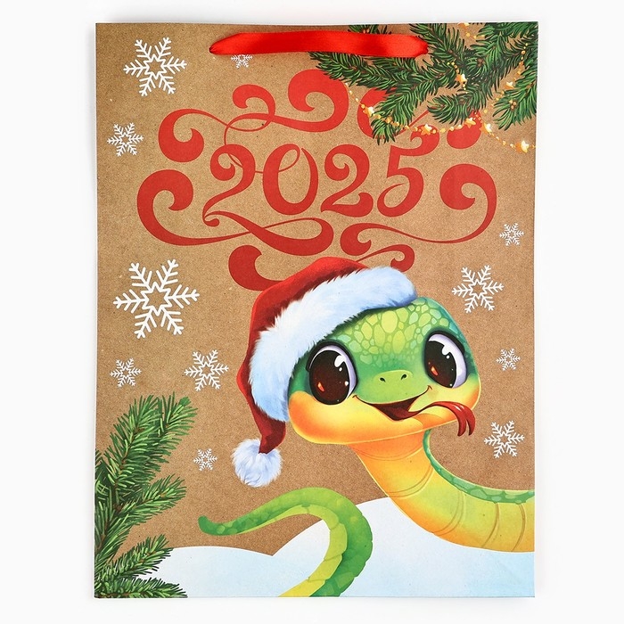 Пакет подарочный новогодний крафтовый вертикальный «Змея 2025», L 31 х 40 х 11.5 см, Новый год Пакет подарочный новогодний крафтовый вертикальный «Змея 2025», L 31 х 40 х 11.5 см, Новый год