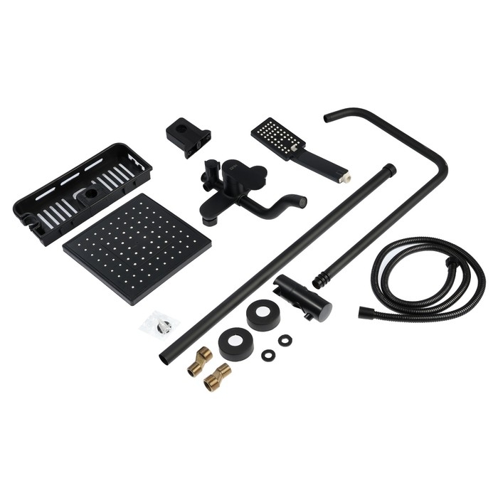 Душевая система ZEIN Z3860, смеситель, тропическая и ручная лейка, полка, латунь, черная Душевая система ZEIN Z3860, смеситель, тропическая и ручная лейка, полка, латунь, черная