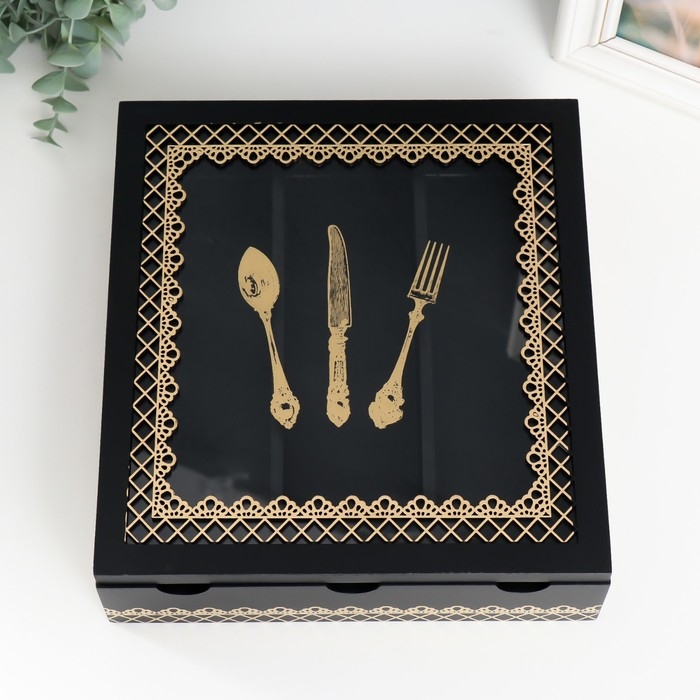 Шкатулка дерево с делениями Шкатулка дерево с делениями "Столовые предметы" чёрная с золотом 26х24х6,8 см