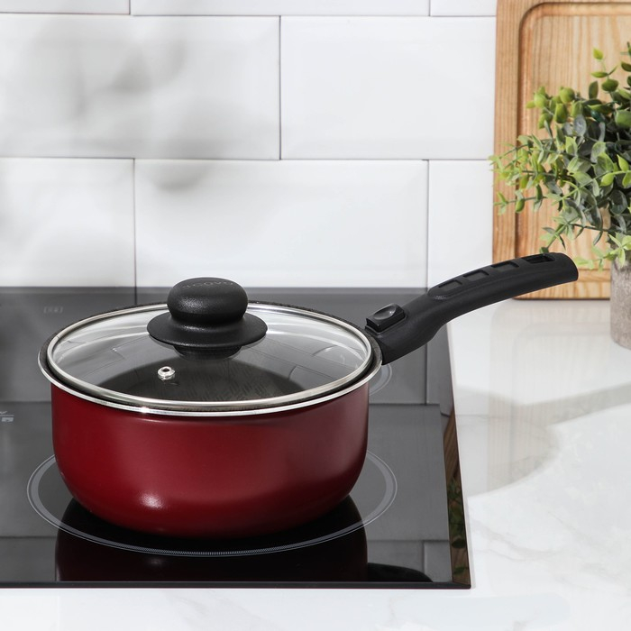 Ковш «Альфа» 1,5 л, стеклянная крышка, пластиковая ручка, антипригарное покрытие, цвет красный Ковш «Альфа» 1,5 л, стеклянная крышка, пластиковая ручка, антипригарное покрытие, цвет красный