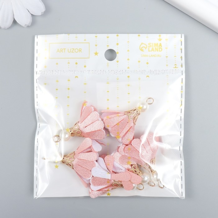 Декор текстиль Декор текстиль "Цветок 2 цвета с жемчужиной. Нежно-розовый и белый" набор 6 шт 3 см