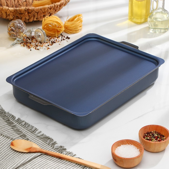 Противень прямоугольный, 27×35 см, h=6,3 см, с крышкой, антипригарное покрытие, цвет синий Противень прямоугольный, 27×35 см, h=6,3 см, с крышкой, антипригарное покрытие, цвет синий