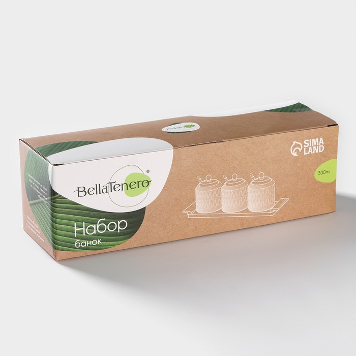 Набор банок фарфоровых для сыпучих продуктов на бамбуковой подставке BellaTenero «Тюльпан», 7 предметов: 3 банки 300 мл, 3 ложки, подставка, керамические, цвет белый