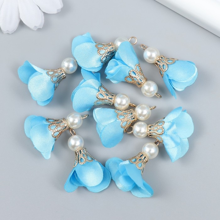 Декор для творчества текстиль Декор для творчества текстиль "Цветок с жемчужиной. Небесный" набор 10 шт 2,5 см