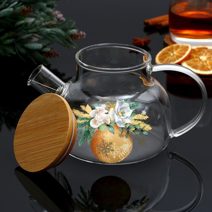 Новый год. Чайник заварочный стеклянный с бамбуковой крышкой «Зимние истории», 800 мл Новый год. Чайник заварочный стеклянный с бамбуковой крышкой «Зимние истории», 800 мл