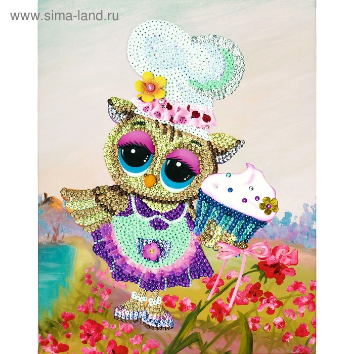 Мозаика из пайеток на холсте «Поваренок совушка» Мозаика из пайеток на холсте «Поваренок совушка»