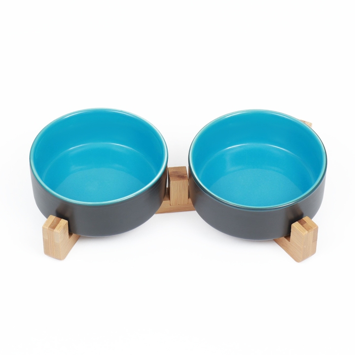 Миски керамические двойные на подставке 2 х 450 мл  28,5 х 15,5 х 7 см, серая/голубая Миски керамические двойные на подставке 2 х 450 мл  28,5 х 15,5 х 7 см, серая/голубая