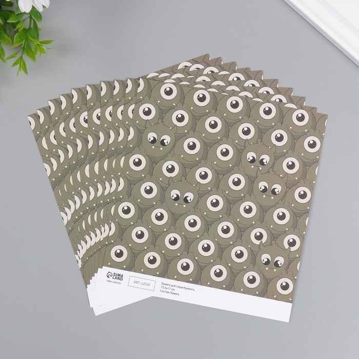 Бумага для скрапбукинга двусторонняя  Бумага для скрапбукинга двусторонняя "Монстрики и листья" плотность 180 гр набор 10 шт 15,5х17 см