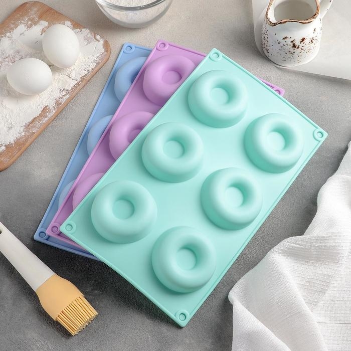Форма для выпечки Доляна &laquo;Сладости.Пончики&raquo;, силикон, 29&times;17 см, 6 ячеек, d=6,8 см, цвет МИКС