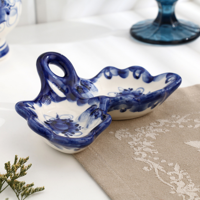 Блюдце для оливок Блюдце для оливок "Дубок", гжель, фарфор, 15х11 см