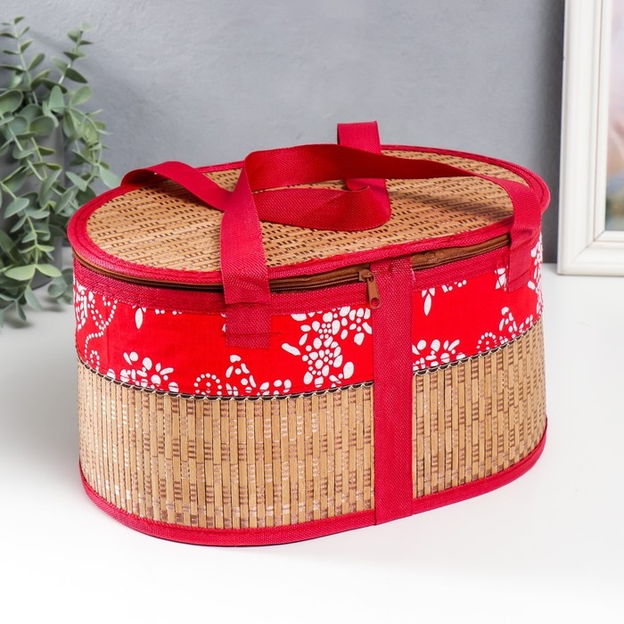Шкатулка бамбук Шкатулка бамбук "Цветы на красном" с ручками, молния 16х20х30 см