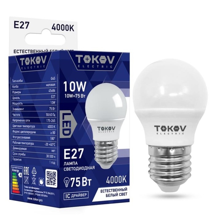 Лампа светодиодная TOKOV ELECTRIC, 10 Вт, G45, 4000 К, Е27, 176-264В Лампа светодиодная TOKOV ELECTRIC, 10 Вт, G45, 4000 К, Е27, 176-264В