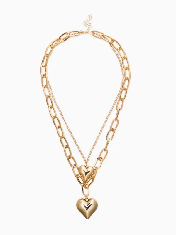 Кулон на цепочке крупное вытянутое звено 2 яруса "Сердечки", цвет золото