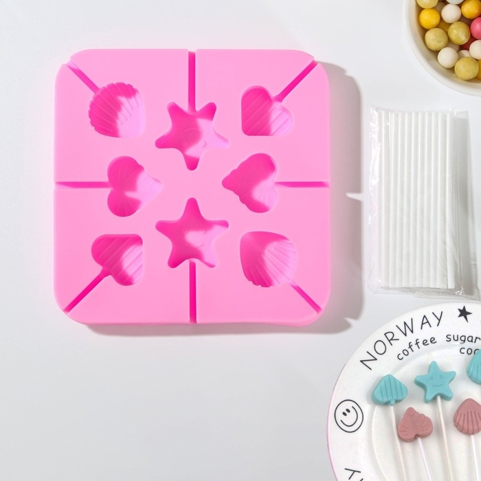 Форма силиконовая для леденцов «Морской берег», 12,5×12,5×1,5 см, 8 ячеек, с палочками, цвет МИКС Форма силиконовая для леденцов «Морской берег», 12,5×12,5×1,5 см, 8 ячеек, с палочками, цвет МИКС