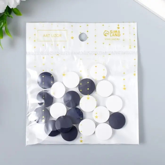 Бусины для творчества дерево "Плоский круг" набор 20 шт белый, тёмно-синий 0,4х1,5х1,5 см