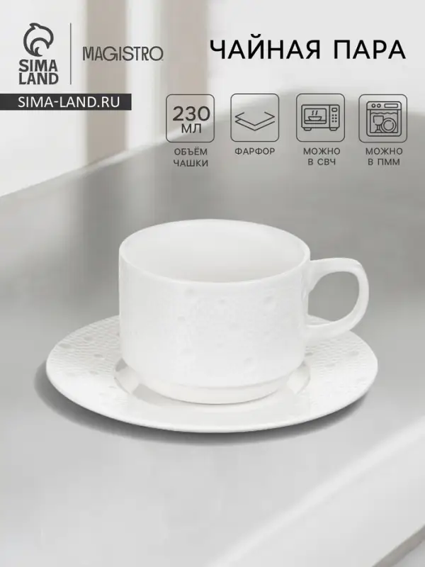Чайная пара Magistro Fray, 2 предмета: чашка 230 мл, блюдце 15 см, фарфор