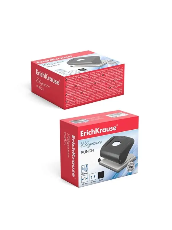 Дырокол ErichKrause Elegance, до 20 листов, диаметр прокола 5.5 мм, расстояние между проколами 80 мм, МИКС