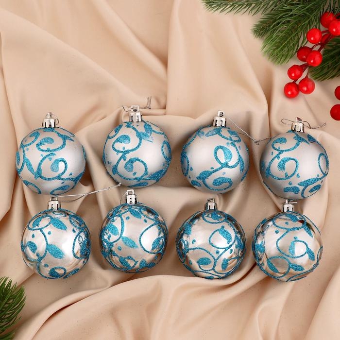 Набор шаров пластик d-6 см, 8 шт Набор шаров пластик d-6 см, 8 шт "Синий узор" серебристо-голубой
