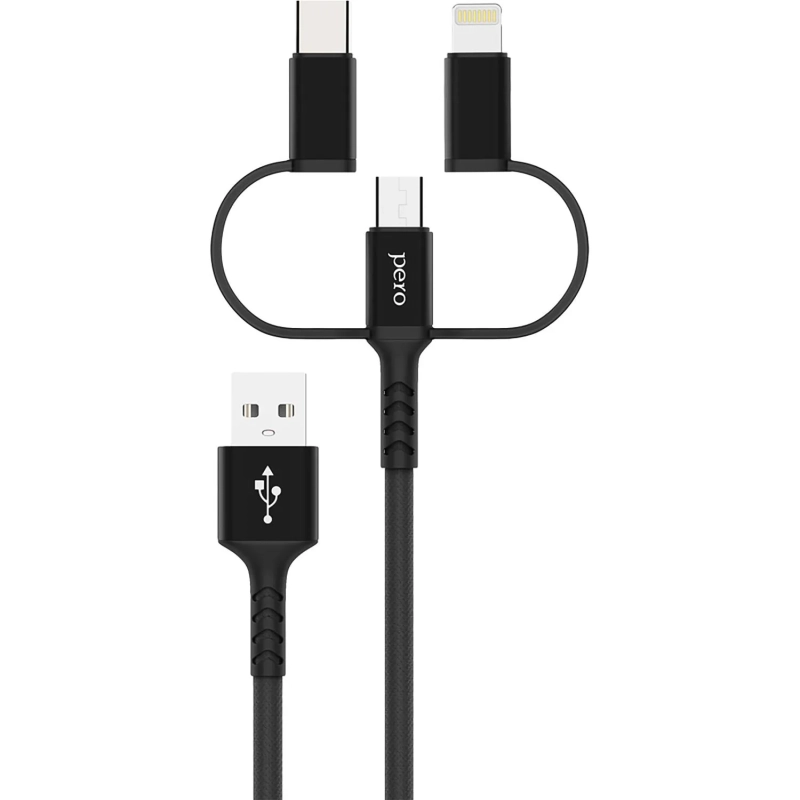 Кабель USB PERO DC-06 3 in 1 (Lightning/micro USB/Type-C), 3А, 1м, черный