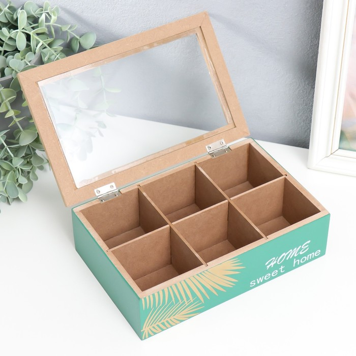 Шкатулка дерево с делениями  Шкатулка дерево с делениями "Пальмовые листья" зелёная с золотом 7х16,5х24 см