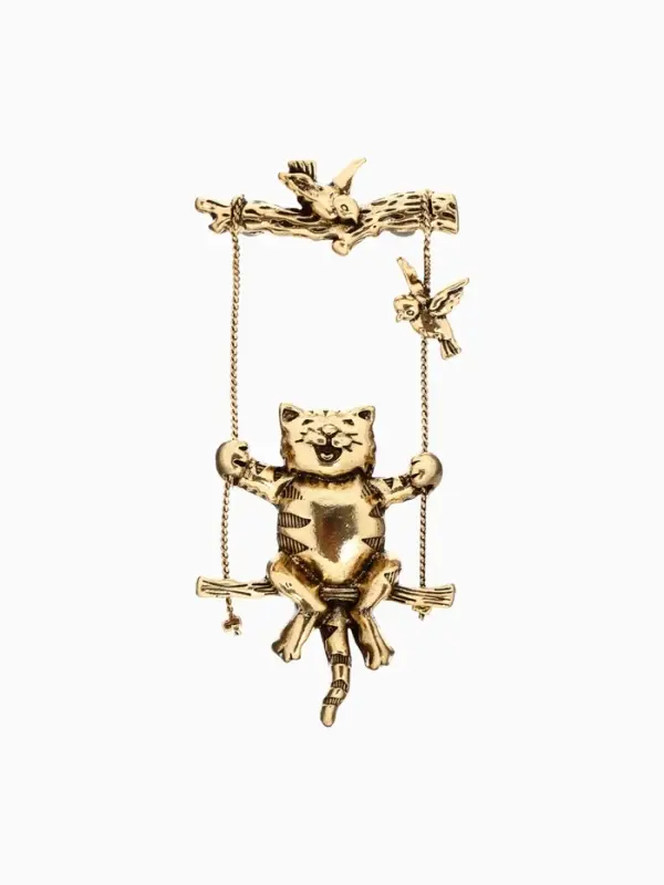 Брошь &laquo;Кот на качелях&raquo;, цвет чернёное золото