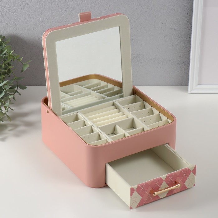 Шкатулка кожзам для украшений  Шкатулка кожзам для украшений "Клетка" розовая 20х22,5х9,5 см