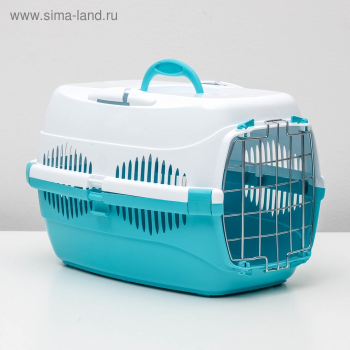 Переноска для животных до 9 кг  Переноска для животных до 9 кг "Пижон", металлическая дверь, 43х29х27,5 см, бело-бирюзовая