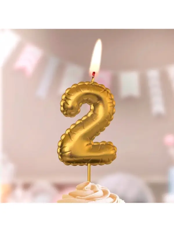 Свеча в торт на шпажке "Воздушая цифра", цифра "2", золото