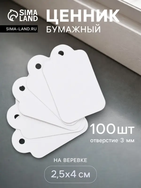Ценники на верёвке, 100 шт. отверстие 3 мм, 2.5&times;4 см, белый