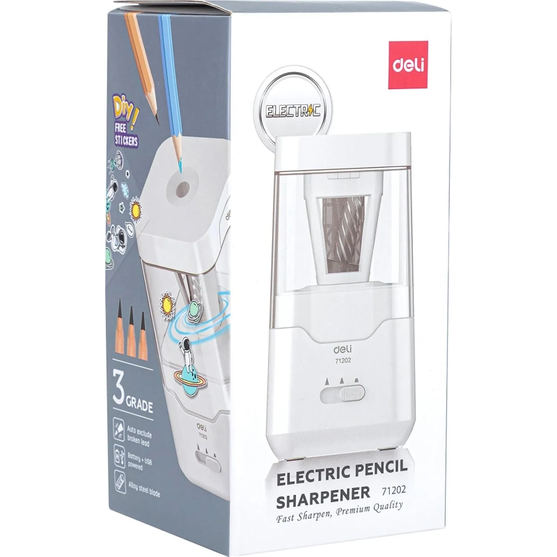 Точилка для карандашей электрич. Deli, 1 отв., пластик ,батарея+ USB, белый