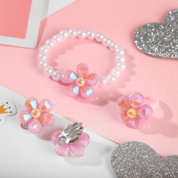 Набор детский «Выбражулька» 3 предмета: клипсы, браслет, кольцо, цветок, цвет МИКС Набор детский «Выбражулька» 3 предмета: клипсы, браслет, кольцо, цветок, цвет МИКС
