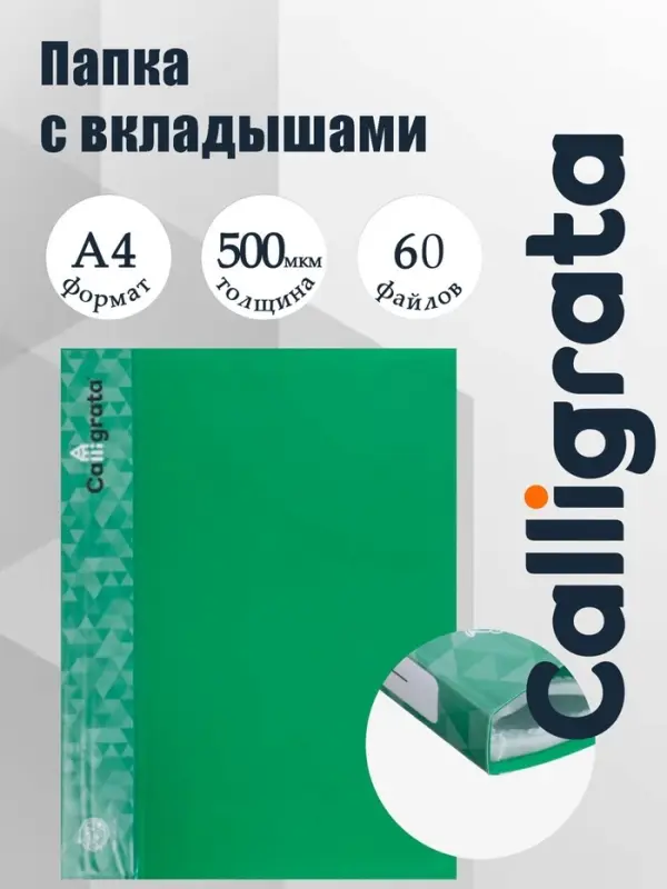 Папка с 60 вкладышами А4, 500 мкм, Calligrata, карман на корешке, зелёная