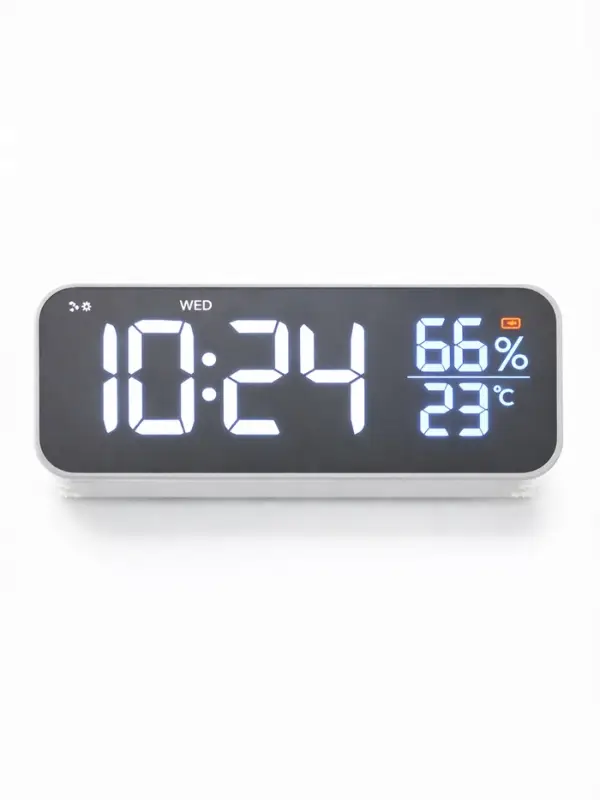 Часы - будильник электронные, настольные, календарь, термометр, гигрометр, 16.8&times;6.6 см, белые