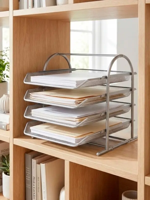 Лоток для бумаг горизонтальный, металлическая сетка, 4 отделения, серый