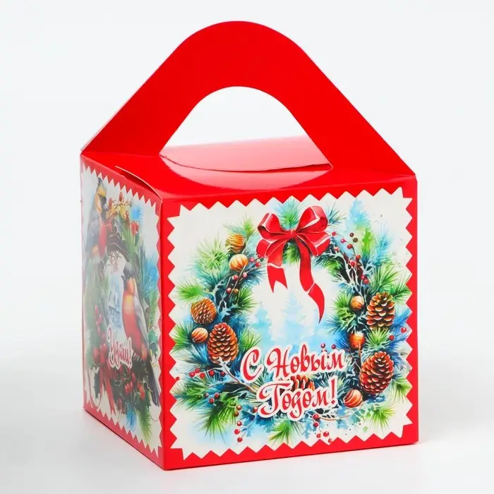Подарочная коробка Новогодняя Кубик большой «Еловый Венок» 12×12×12 см Подарочная коробка Новогодняя Кубик большой «Еловый Венок» 12×12×12 см