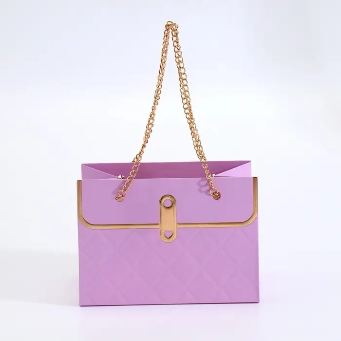 Пакет переноска для цветов, ручка цепь, &laquo;Сиреневый&raquo;, с золотым тиснением, 15&times;10.5&times;10 см