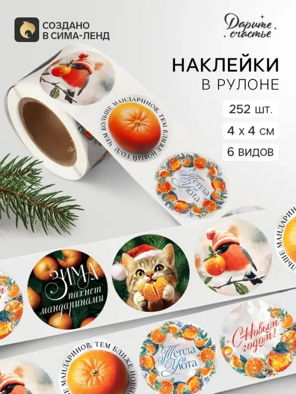 Наклейки в рулоне, набор 252 шт. &laquo;Новогодние мандарины&raquo; 4&times;4 см