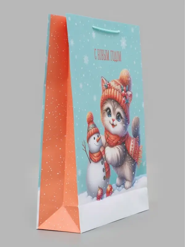 Пакет подарочный &laquo;Котёнок и снеговик&raquo;, 33&times;10&times;42.5 см
