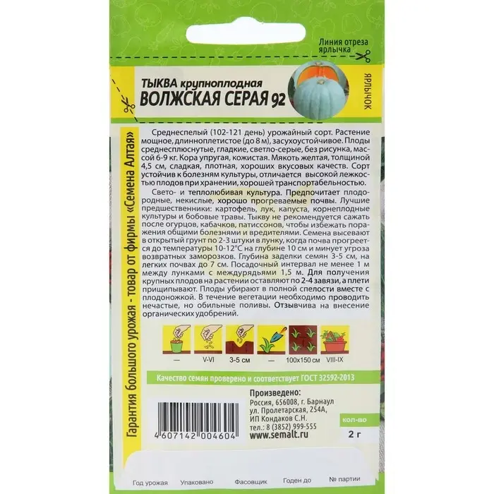 Семена Тыква "Волжская Серая 92", Сем. Алт, ц/п, 2 г
