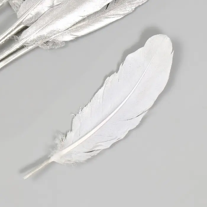 Перо декоративное гусиное двустороннее белое с серебром h=10-15 см