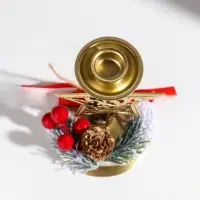 Подсвечник металл на 1 свечу "Ажурная звезда с новогодним декором" золото d=2 см 9х9х15,5 см   10874