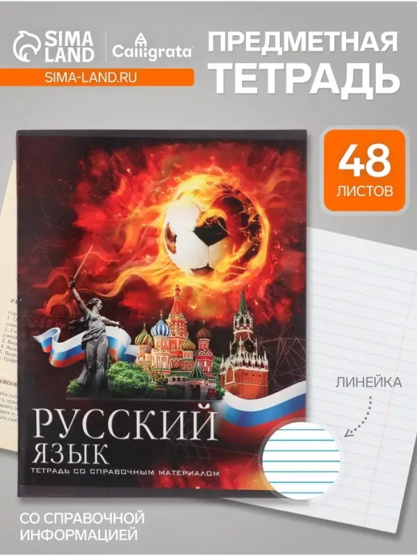 Предметная тетрадь по русскому языку Calligrata &laquo;Футбол&raquo;, 48 листов, в клетку, со справочным материалом, обложка из мелованного картона