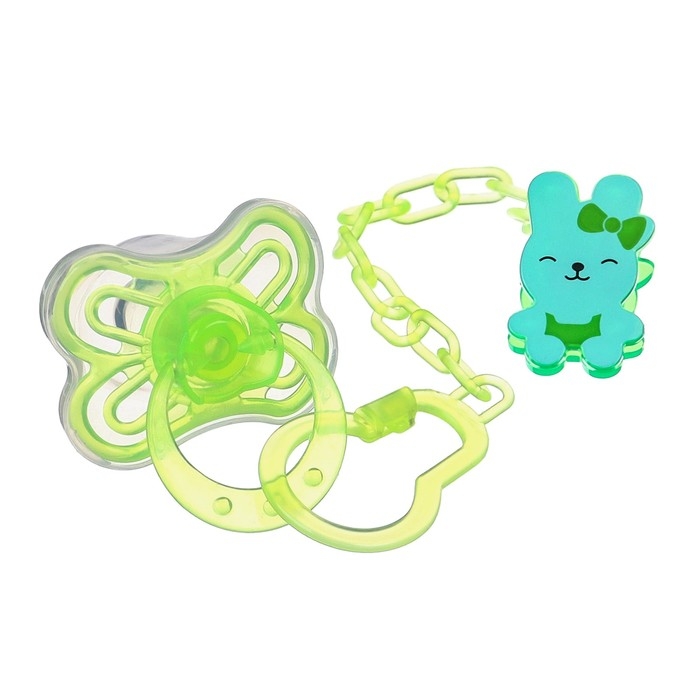 Соска - пустышка силиконовая классическая, от 6 мес., с колпачком + держатель «Зайка», цвет зеленый Соска - пустышка силиконовая классическая, от 6 мес., с колпачком + держатель «Зайка», цвет зеленый