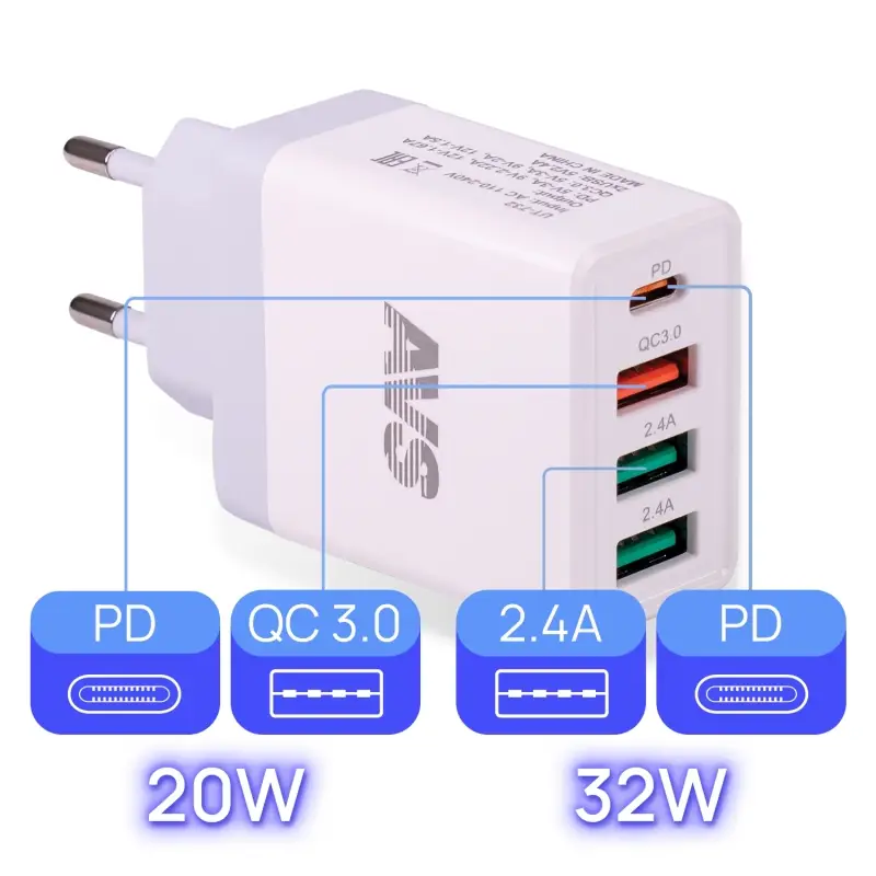 USB сетевое зарядное устройство AVS 4 порта UT-732 (QC 3.0, PD Type C, 3A )
