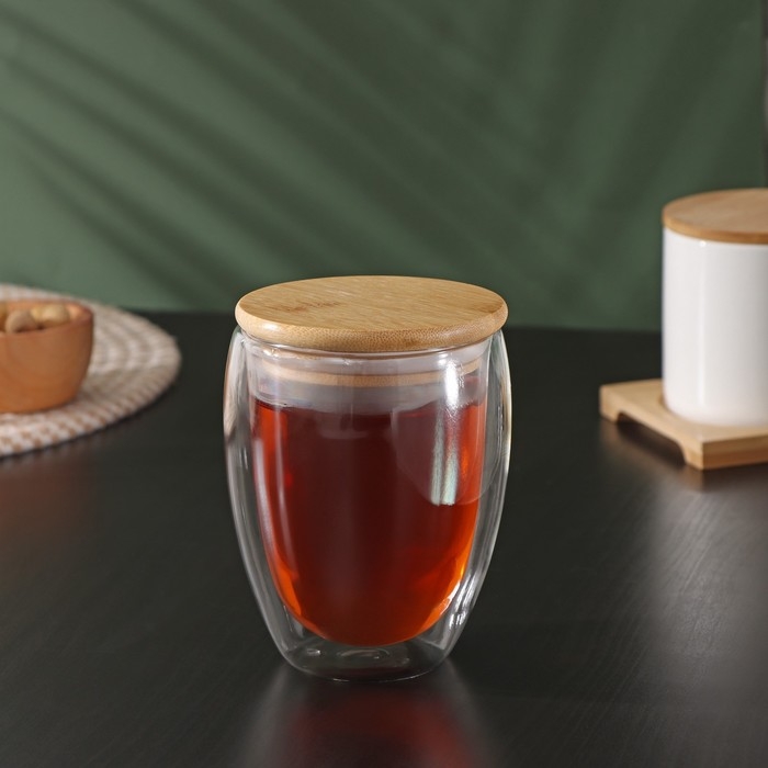 Стакан стеклянный с двойными стенками и бамбуковой крышкой BellaTenero «Эко», 330 мл Стакан стеклянный с двойными стенками и бамбуковой крышкой BellaTenero «Эко», 330 мл